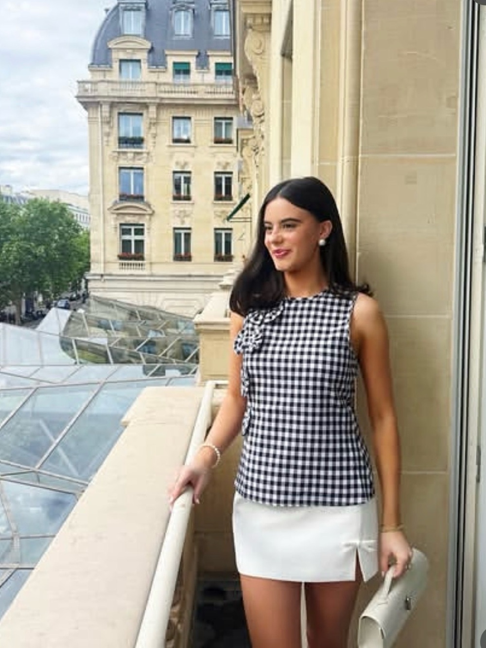 Sugarlips Black and White Gingham Bow-Accent Sleeveless Tank
